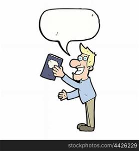 cartoon man with book with speech bubble