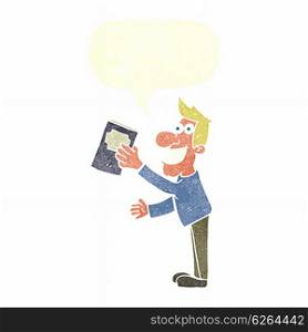 cartoon man with book with speech bubble