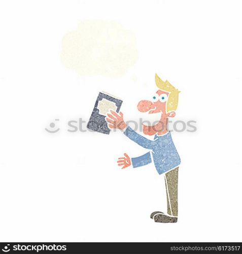 cartoon man with book with thought bubble