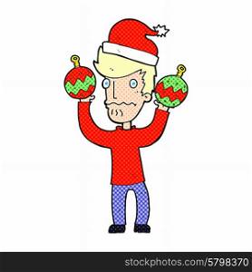 cartoon man with christmas baubles
