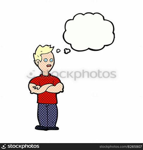 cartoon man with crossed arms with thought bubble
