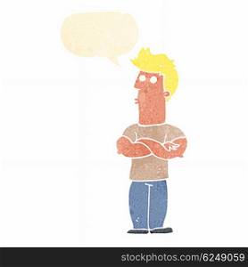 cartoon man with folded arms with speech bubble