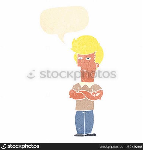 cartoon man with folded arms with speech bubble