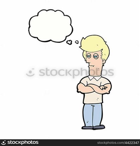 cartoon man with folded arms with thought bubble