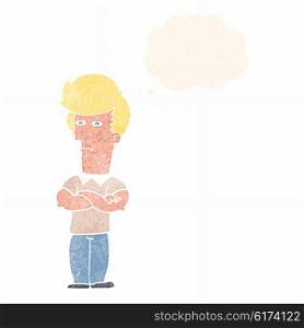 cartoon man with folded arms with thought bubble