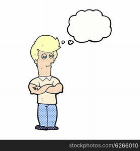 cartoon man with folded arms with thought bubble