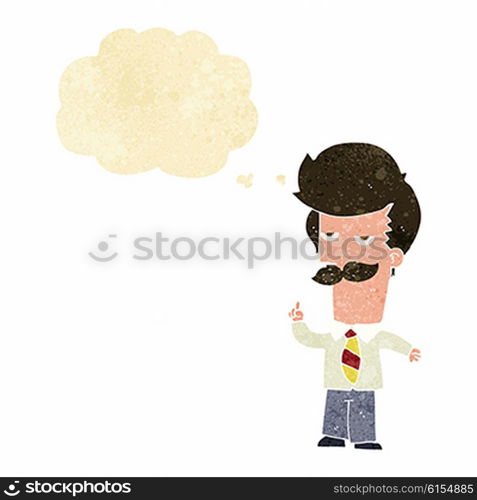 cartoon man with mustache explaining with thought bubble