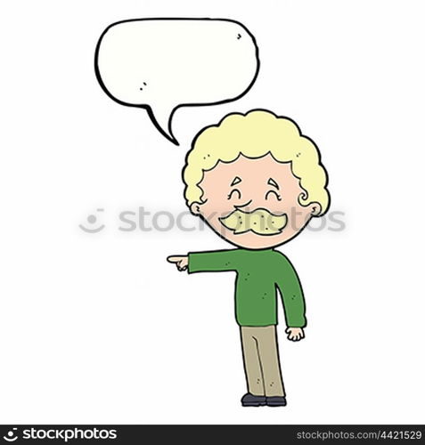 cartoon man with mustache pointing with speech bubble