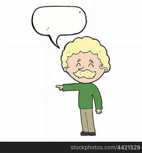 cartoon man with mustache pointing with speech bubble
