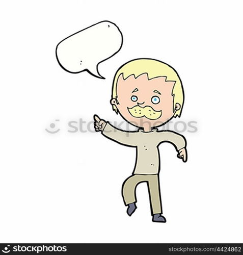 cartoon man with mustache pointing with speech bubble