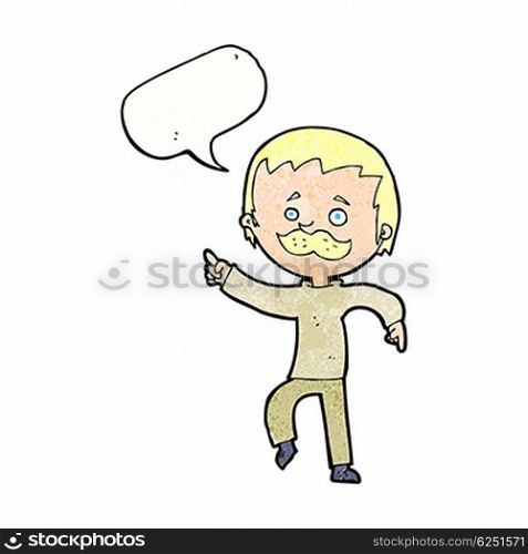 cartoon man with mustache pointing with speech bubble