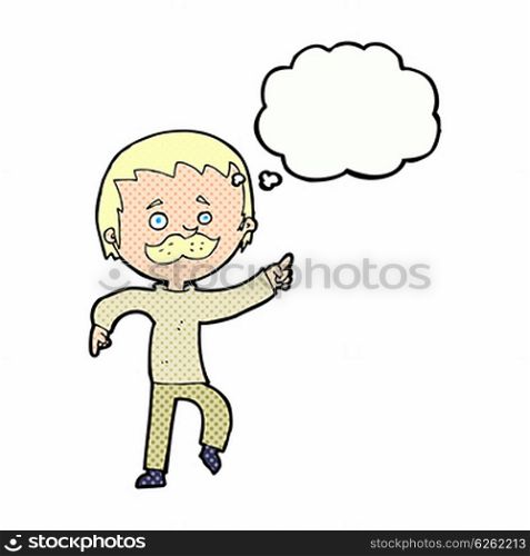 cartoon man with mustache pointing with thought bubble