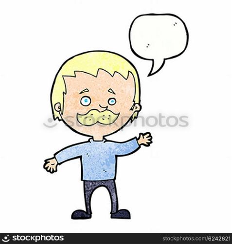 cartoon man with mustache waving with speech bubble