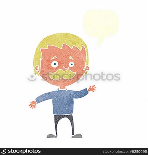 cartoon man with mustache waving with speech bubble