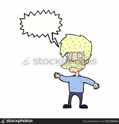 cartoon man with mustache waving with speech bubble