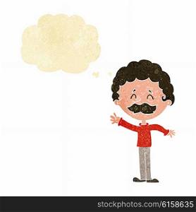 cartoon man with mustache waving with thought bubble