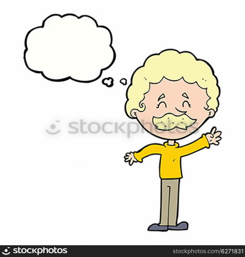 cartoon man with mustache waving with thought bubble