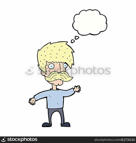 cartoon man with mustache waving with thought bubble