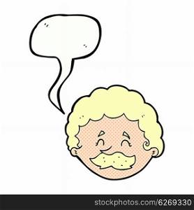 cartoon man with mustache with speech bubble