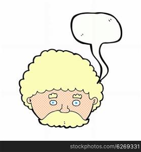 cartoon man with mustache with speech bubble