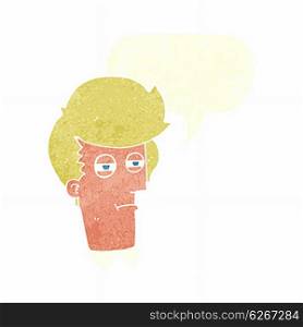 cartoon man with narrowed eyes with speech bubble
