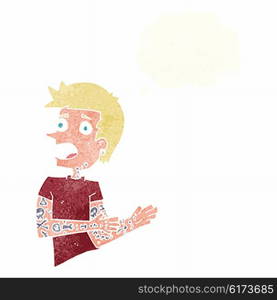 cartoon man with tattoos with thought bubble