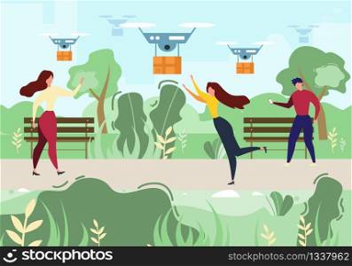 Cartoon Man Woman Recieve Mail. Air Drone Delivery Outdoors Vector Illustration. People in Park. Sky Package Shipment, Modern Multicopter Transportation, Express Shipping Service. Future Technology. Cartoon Man Woman Recieve Mail Air Drone Delivery