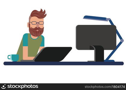 Cartoon man working at office desk, work from home concept.