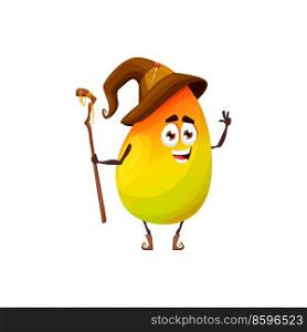 Cartoon mango fruit wizard or magician character. Funny vector magic personage in hat with wooden staff. Smiling wiz or sorcerer with cute face, tropical fruit enchanter, isolated necromancer. Cartoon mango fruit wizard or magician character
