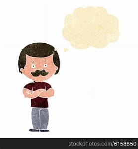 cartoon manly mustache man with thought bubble