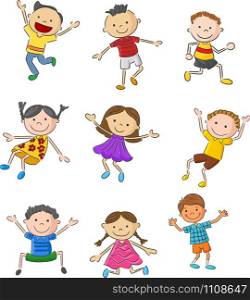 Cartoon many kids jumping together and happy