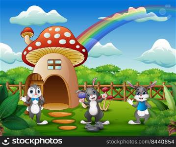 Cartoon many rabbits near the red mushroom house 