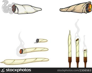 Cartoon Marijuana Cannabis Cigarettes. Vector Collection Set Isolated On White Background