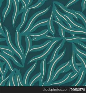 Cartoon marine seamless pattern with green seaweed shapes. Turquoise background. Random aqua flora print. Designed for fabric design, textile print, wrapping, cover. Vector illustration. Cartoon marine seamless pattern with green seaweed shapes. Turquoise background. Random aqua flora print.