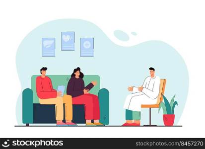 Cartoon married couple communicating with doctor. Flat vector illustration. Man and woman sitting on sofa in doctor office consulting with medical professional. Medicine, meeting, help concept