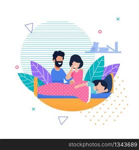Cartoon Married Couple, Mother and Father or Parents Looking at Sleeping Daughter in Bad. Happy Family, Care, Love and Happiness. Cozy Home. Vector Flat Illustration in Floral Style Design. Mother and Father Looking at Sleeping Daughter