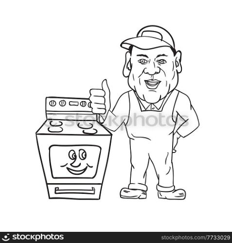 Cartoon mascot illustration of an oven cleaner technician wearing hat and overalls thumbs up facing front with oven black and white style. . Oven Cleaner With Oven Thumbs Up Cartoon Black and White Mascot