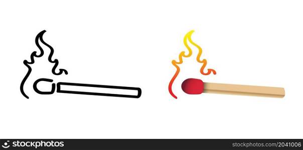 Cartoon matches , matchstick with fire or flame logo. Burning fire or flame pictogram. Match lighted icon or sign. Flat vector.