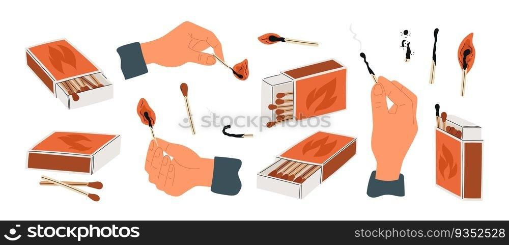 Cartoon matchsticks and open boxes. Human hands lighting matches. Charred and burning. Arms holding fading wooden sticks with smoke. Sulphur head and straw. Isolated red matchbox. Garish vector set. Cartoon matchsticks and open boxes. Hands lighting matches. Charred and burning. Arms holding fading wooden sticks with smoke. Head and straw. Isolated red matchbox. Garish vector set