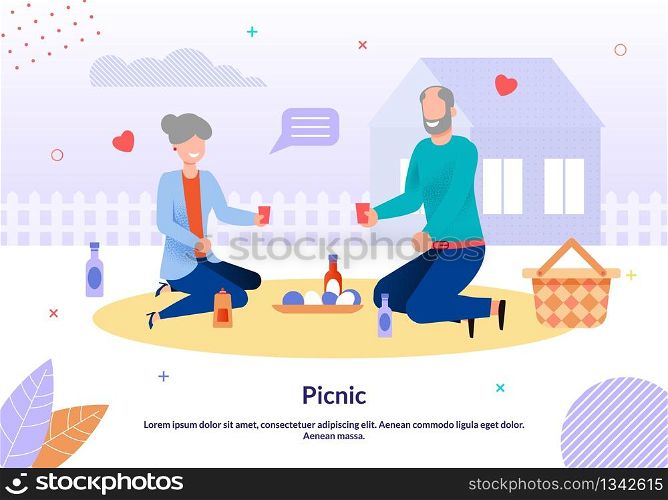 Cartoon Mature Family Couple Characters Have Picnic in Yard. Adult Man and Woman in Love Communicating, Eating and Drinking Sit on Plaid. Vector Countryside Illustration. Motivation Flat Poster. Mature Family Couple Having Picnic in Yard Poster