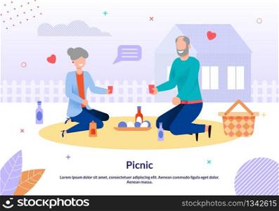 Cartoon Mature Family Couple Characters Have Picnic in Yard. Adult Man and Woman in Love Communicating, Eating and Drinking Sit on Plaid. Vector Countryside Illustration. Motivation Flat Poster. Mature Family Couple Having Picnic in Yard Poster