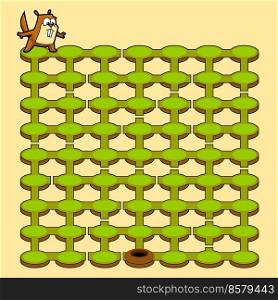 Cartoon Maze Game Education For Kids Help Gopher Get To His Hole. Vector Hand Drawn Illustration With Background