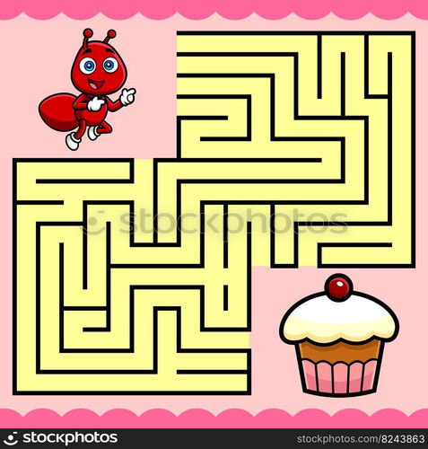 Cartoon Maze Game Education For Kids Help  he Ant Reach  he Cupcake. Vector Hand Drawn Illustration With Background