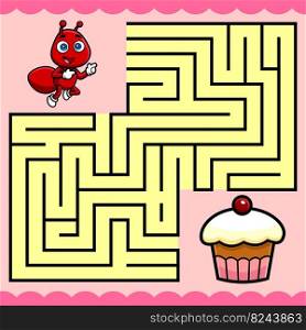 Cartoon Maze Game Education For Kids Help  he Ant Reach  he Cupcake. Vector Hand Drawn Illustration With Background