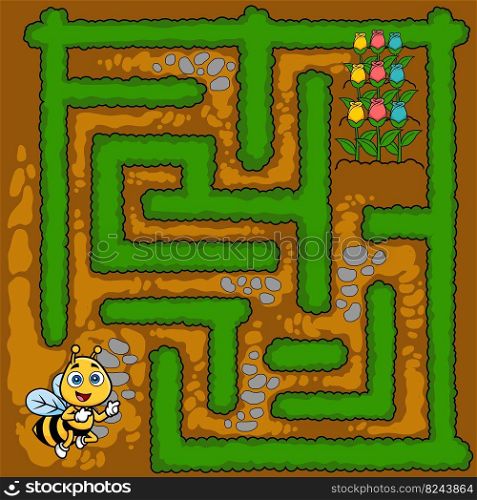 Cartoon Maze Game Education For Kids Help The Bee Reach The Alley With Flowers. Vector Hand Drawn Illustration With Background