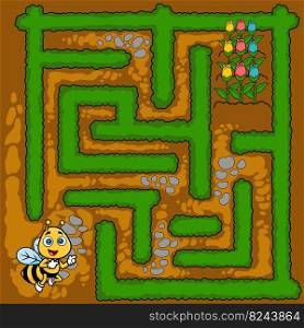 Cartoon Maze Game Education For Kids Help The Bee Reach The Alley With Flowers. Vector Hand Drawn Illustration With Background