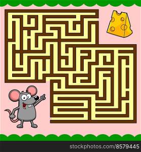 Cartoon Maze Game Education For Kids Help The Mouse Get To The Cheese. Vector Hand Drawn Illustration With Background