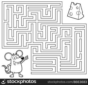 Cartoon Maze Game Education For Kids Help The Mouse Get To The Cheese. Vector Hand Drawn Illustration Isolated On White Background