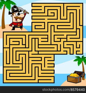 Cartoon Maze Game Education For Kids Help the Pirate Get To The Island With The Treasure. Vector Hand Drawn Illustration With Background