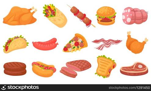 Cartoon meat food. Fried chicken legs, burger and grilled steak. Beacon, hot dogs and sausages. Burrito, taco and sandwich vector illustration set. Steak barbecue, beef cooking, pizza and drumstick. Cartoon meat food. Fried chicken legs, burger and grilled steak. Beacon, hot dogs and sausages. Burrito, taco and sandwich vector illustration set